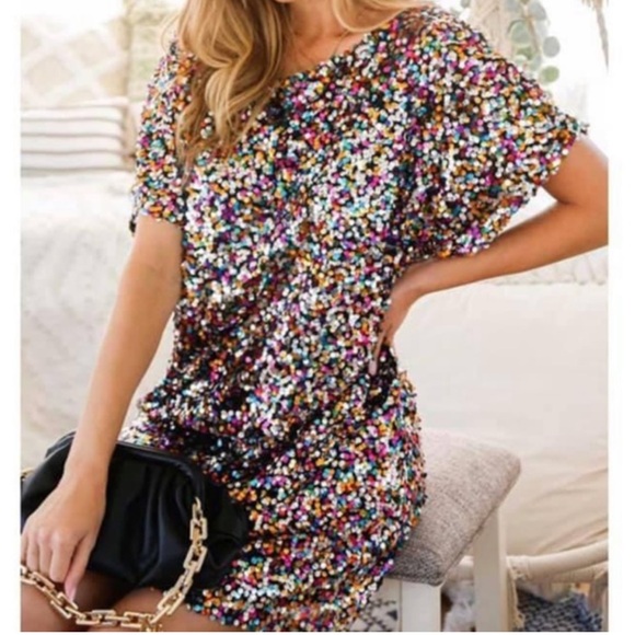 Sequin Multicolor Dress Boat Neck Party Dress New Year’s Eve Dress Holiday Large - Picture 3 of 9